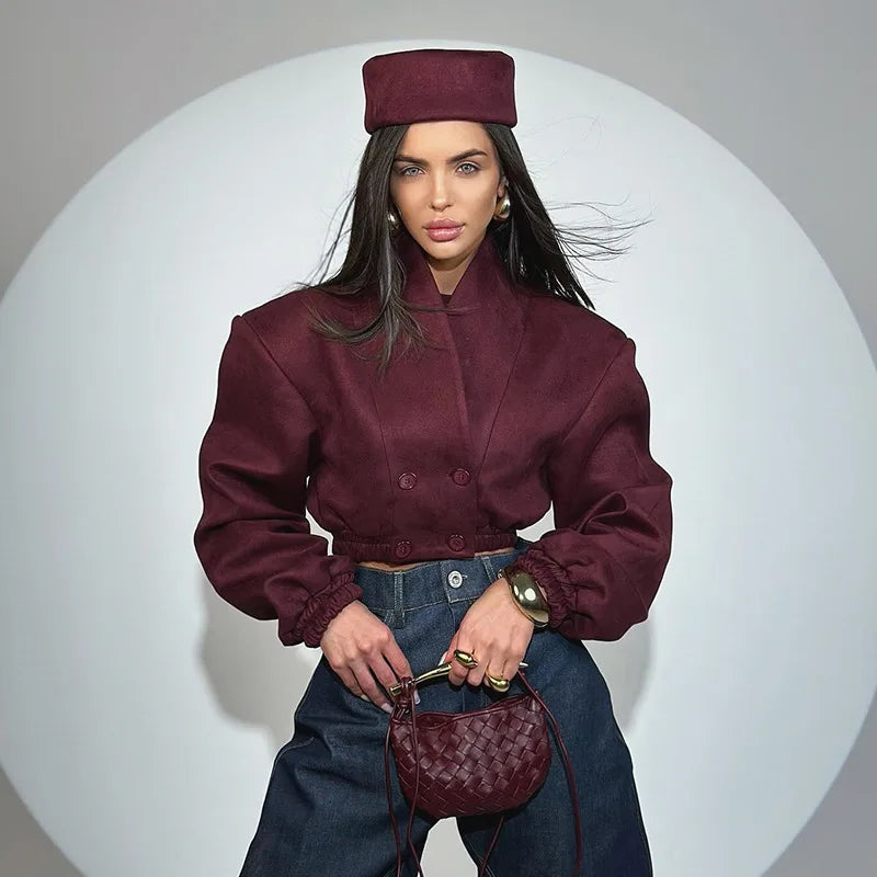 Burgundy Suede Cropped Blazer with Puff Shoulders, Double-Breasted