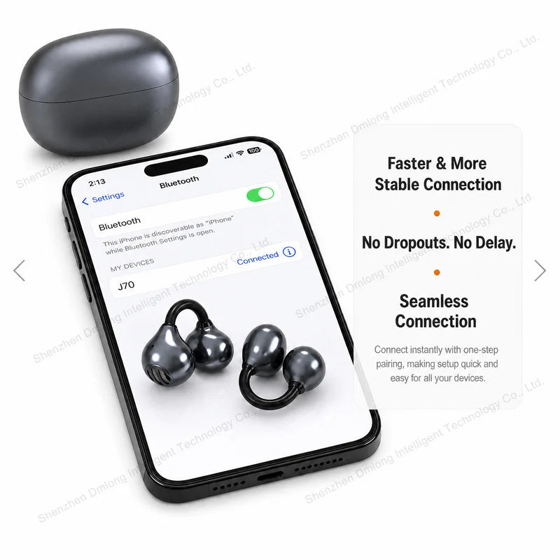 J70 Lightweight Clip on Earbuds Touch Control Hifi Sound TWS Wireless Open Ear True