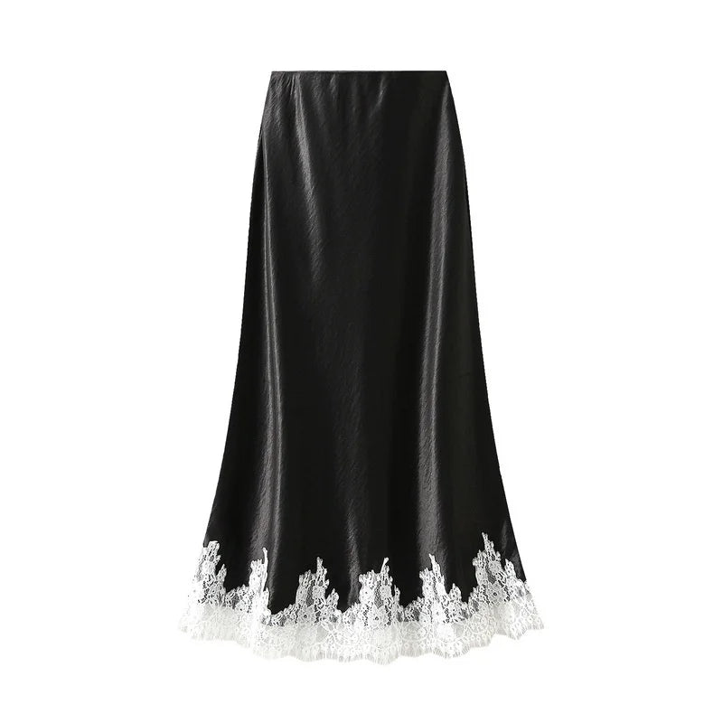 Satin Lace Patchwork Long Skirt with Elastic Waist, Ankle Length - image 10