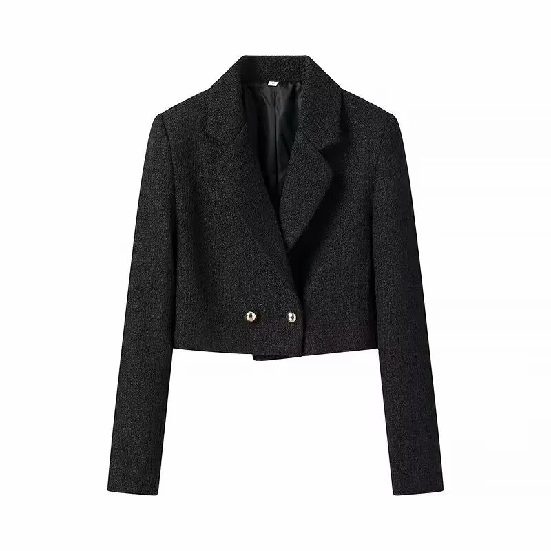 Double-Breasted Cropped Blazer with Notched Collar, 220 g Woven