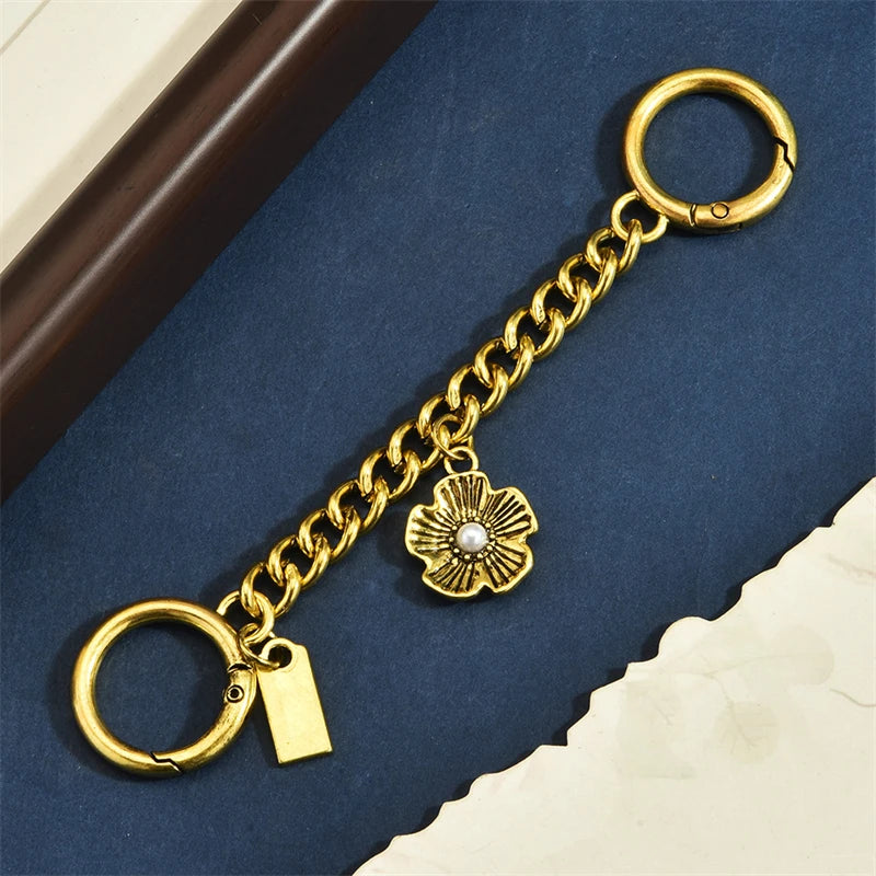 Embossed Flower Metal Chain Bag Charm Keychain, 14.5 cm