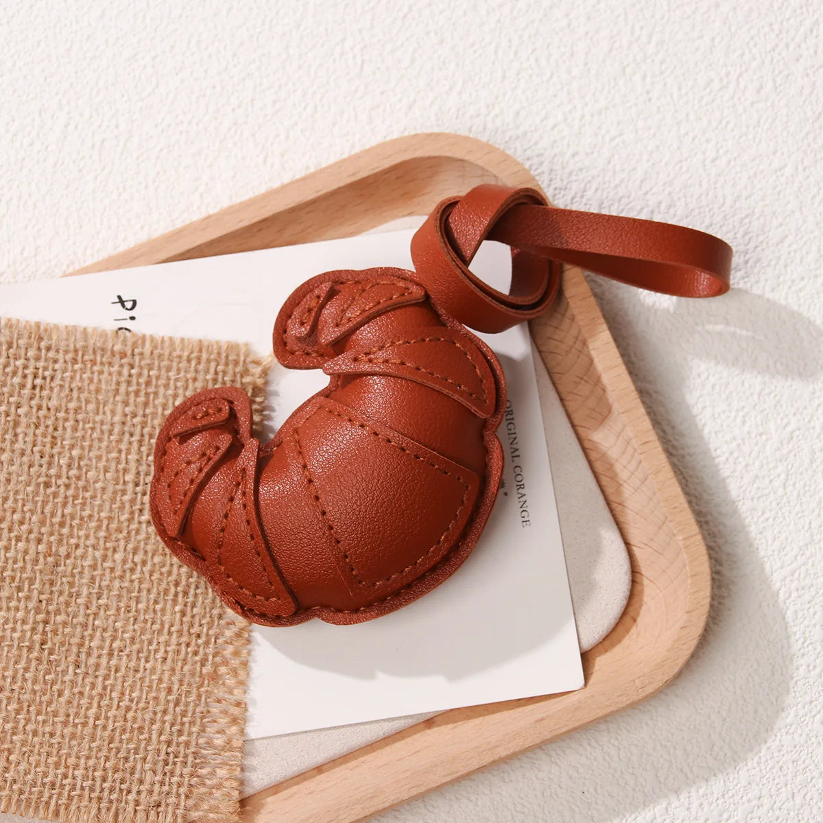 Hand-Stitched PU Leather Croissant Keychain and Bag Charm - image 5