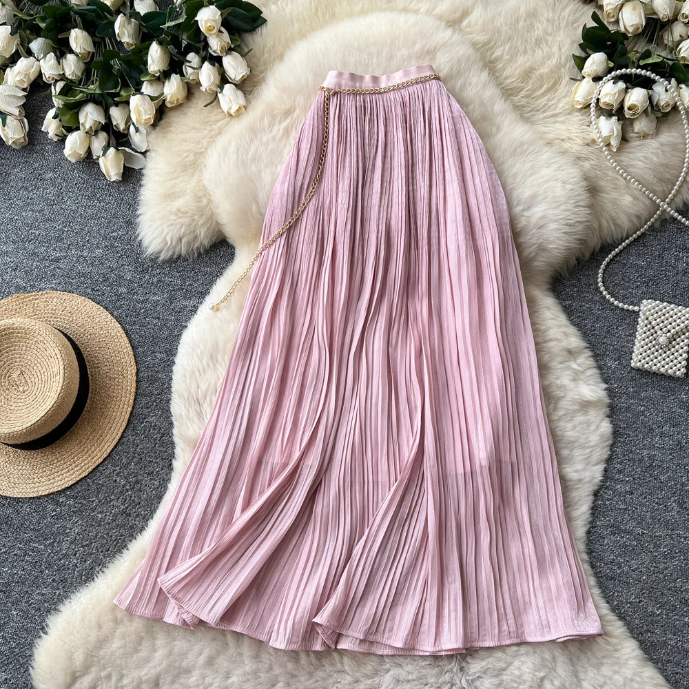 Casual Spring Draped Straight Skirt, Pleated Stretch Blend, One Size
