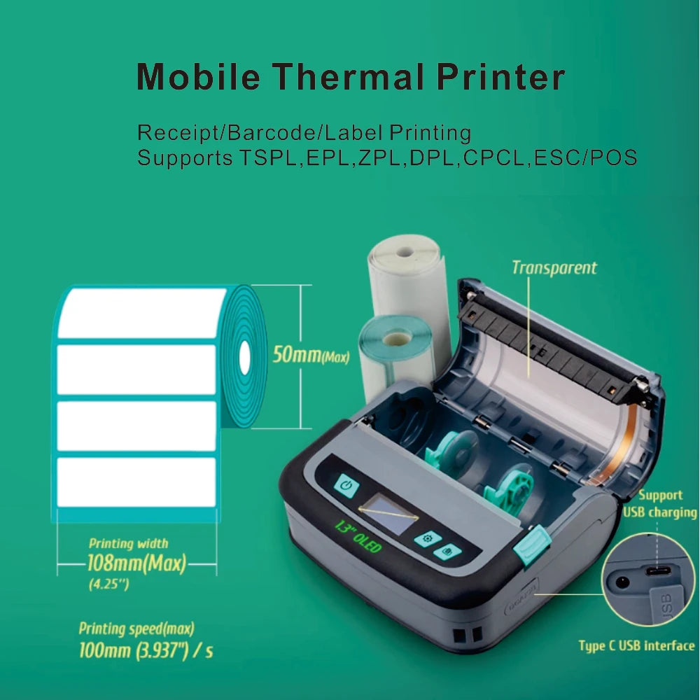 Xprinter XP-P441B 4'' Mini Portable Mobile Thermal Label Sticker Printer Wireless