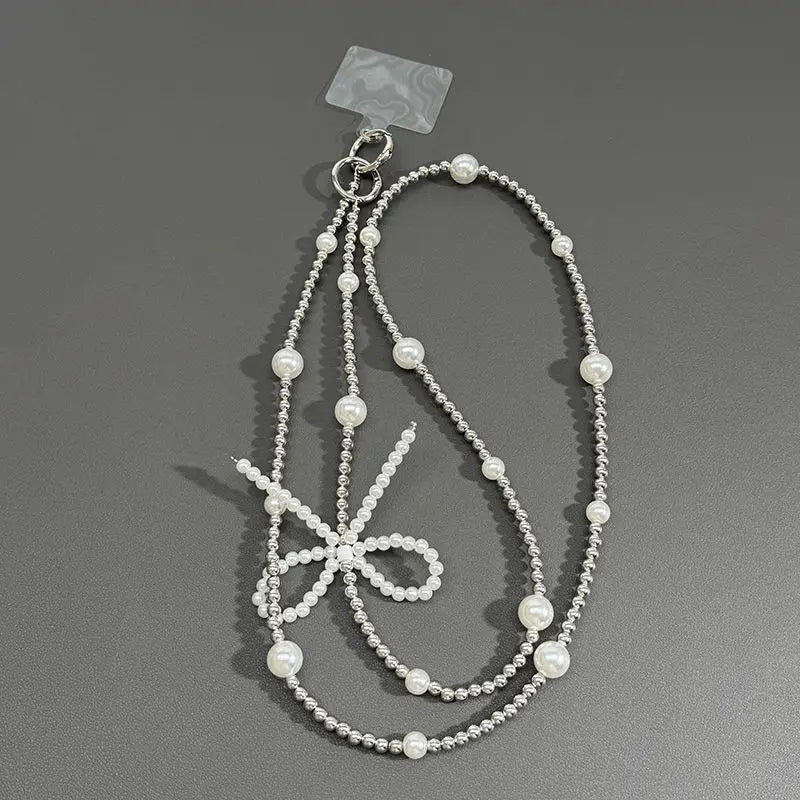 Handmade Silver Pearl Bow Phone Necklace Chain, Crossbody Strap