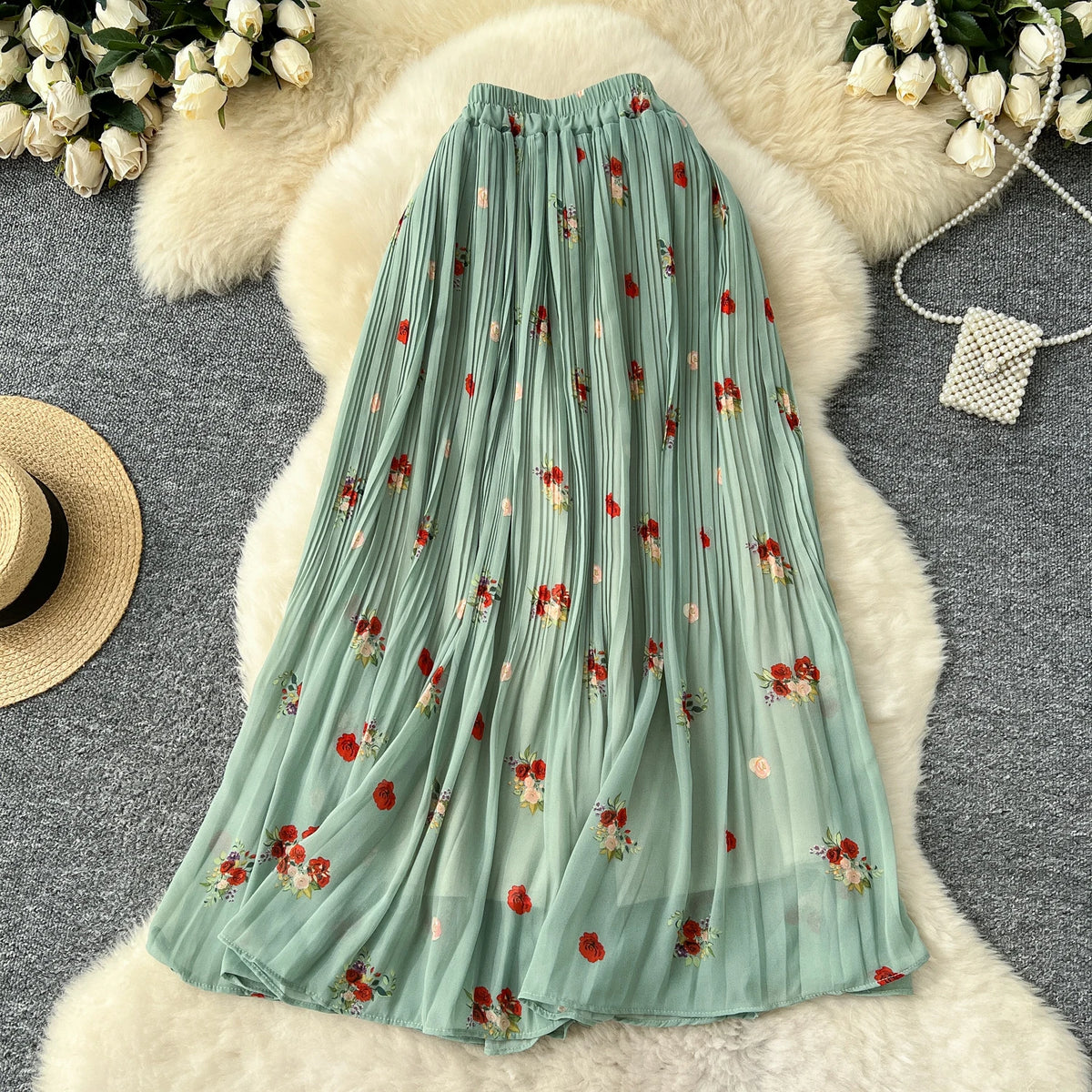 Floral or Solid Chiffon Draped Straight Skirt, High Waist - image 10