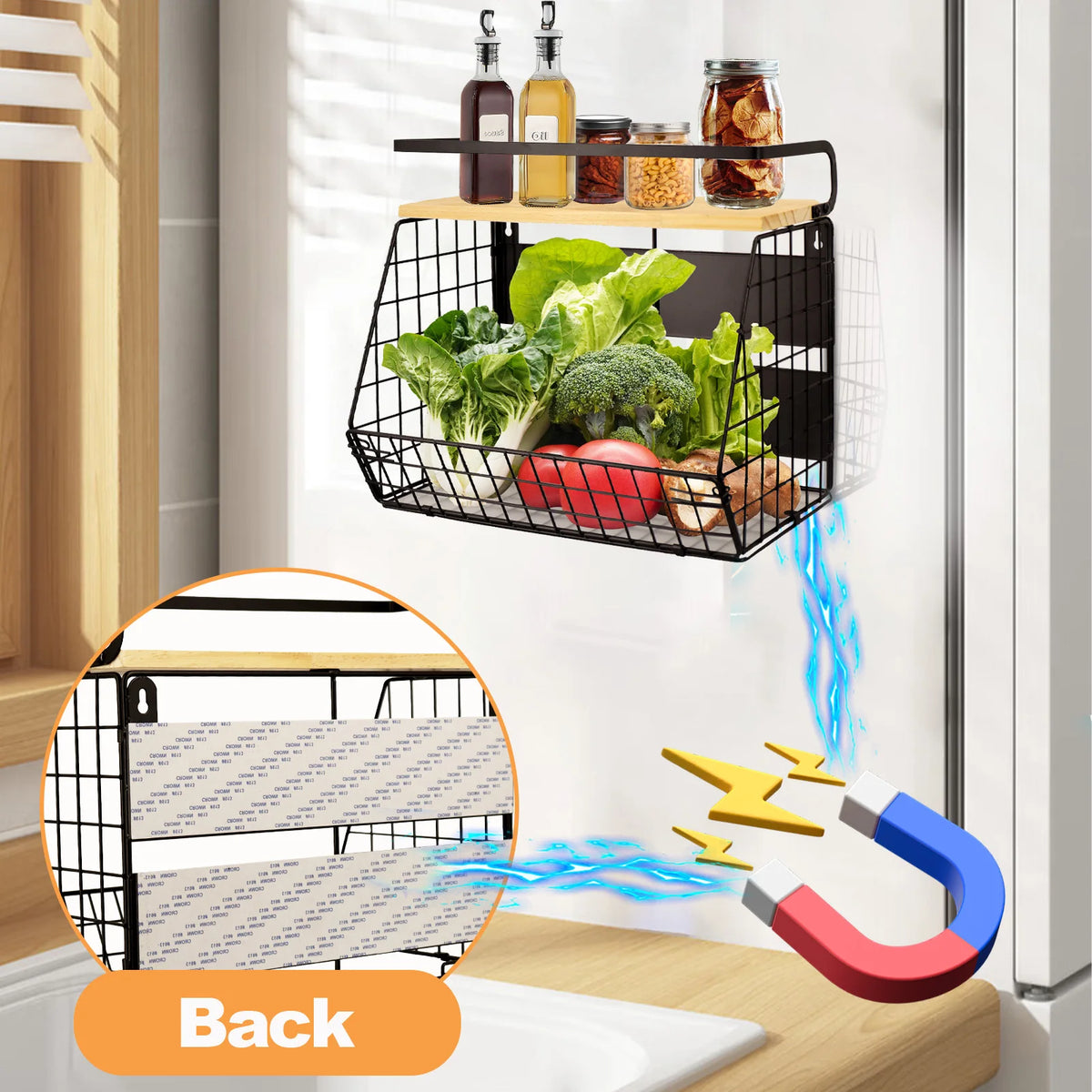 Magnetic Spice Rack with Large Container and Wood Lid Use As a Dish Rack in Kitchen