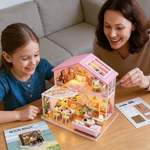 DIY Wooden Miniature House Building Kit with Doll House Furniture and Detailed Interior