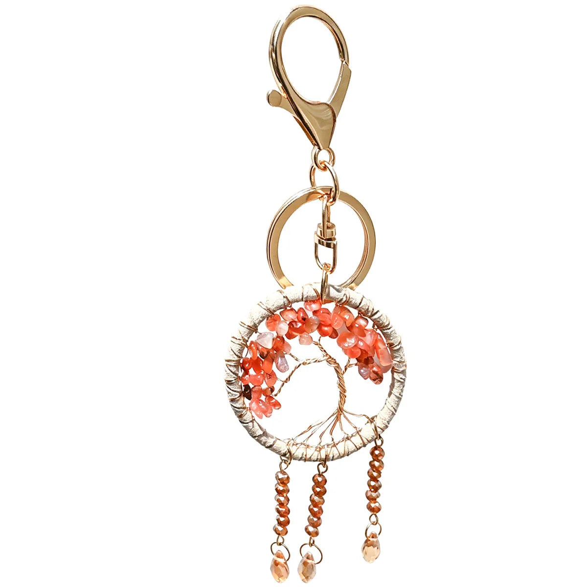 Natural Crystal Chip Tree of Life Key Ring with Tassel and Beads