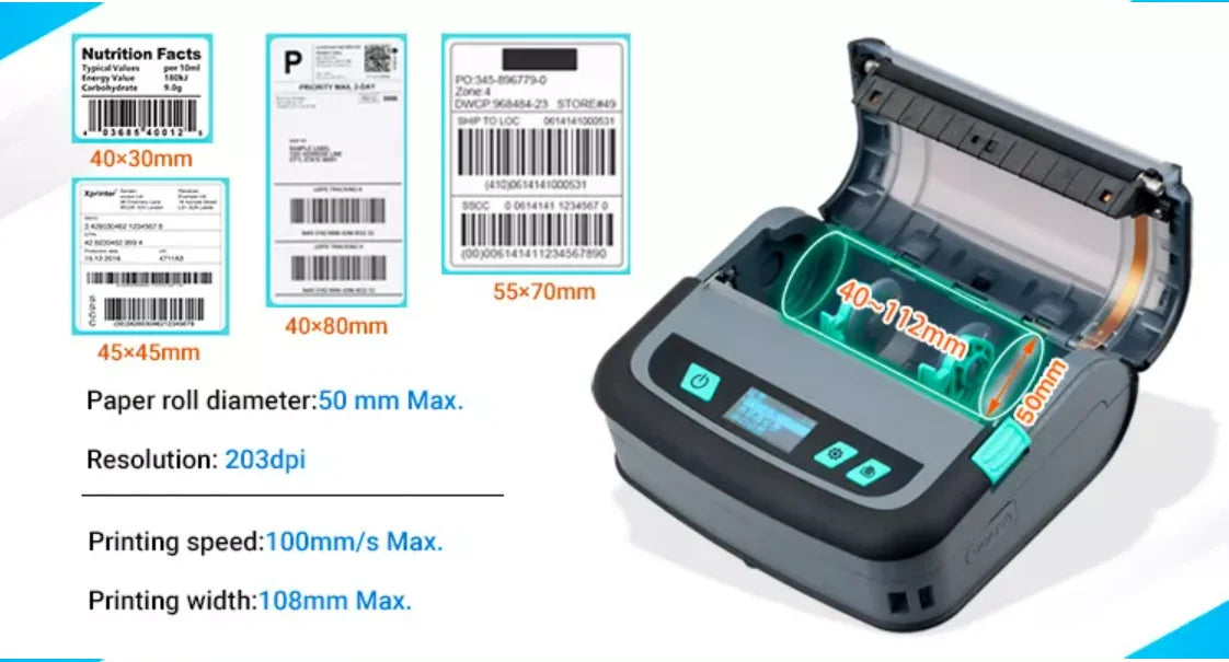 Xprinter XP-P441B 4'' Mini Portable Mobile Thermal Label Sticker Printer Wireless