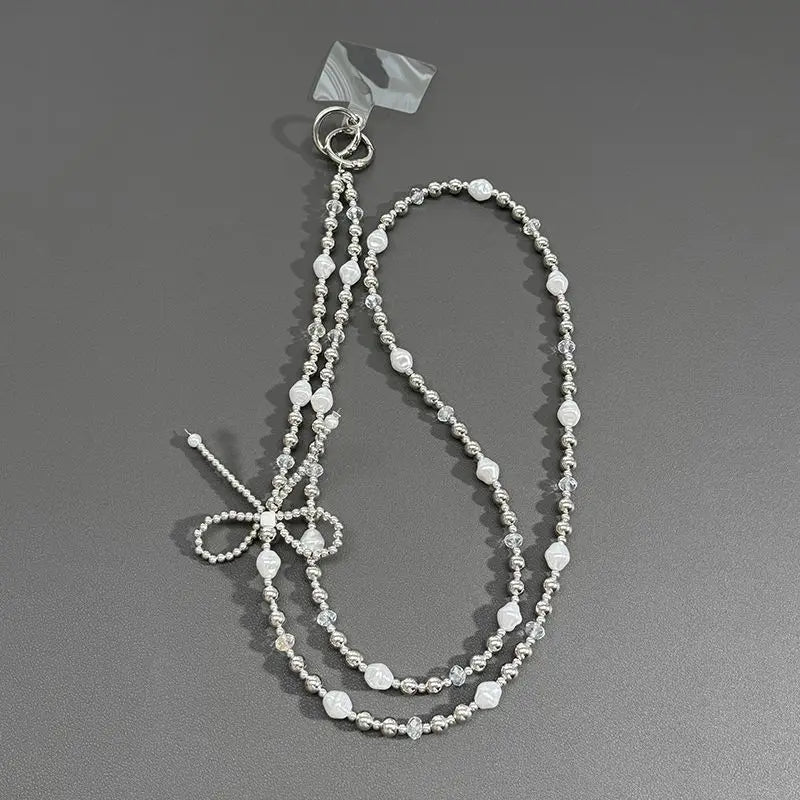 Handmade Silver Pearl Bow Phone Necklace Chain, Crossbody Strap