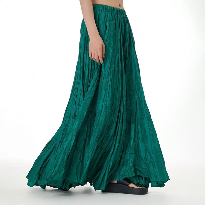 Elegant Drape Crumpled Breathable Acetate Fibre Women Summer Elastic Waist Big-Hem Long