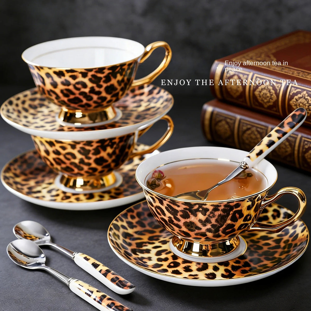Leopard Print Bone China Coffee Cup and Saucer Gift Set with Spoons - image 2
