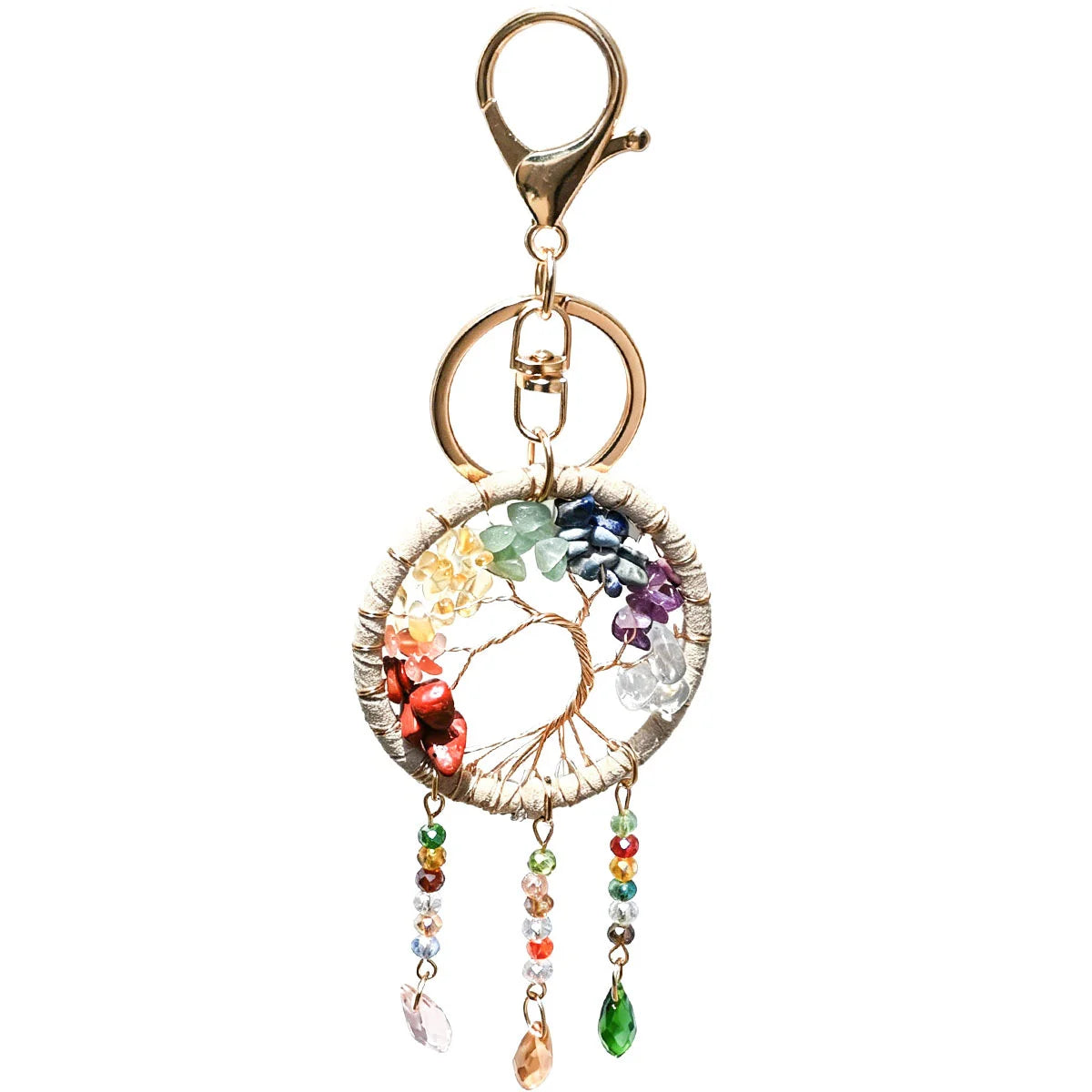 Natural Crystal Chip Tree of Life Key Ring with Tassel and Beads