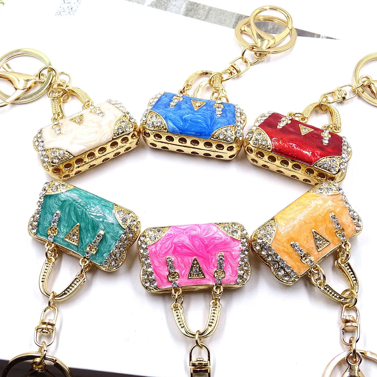 Enamel Mini Bag Keychain Charm with Rhinestones and Cloud Pattern - image 3