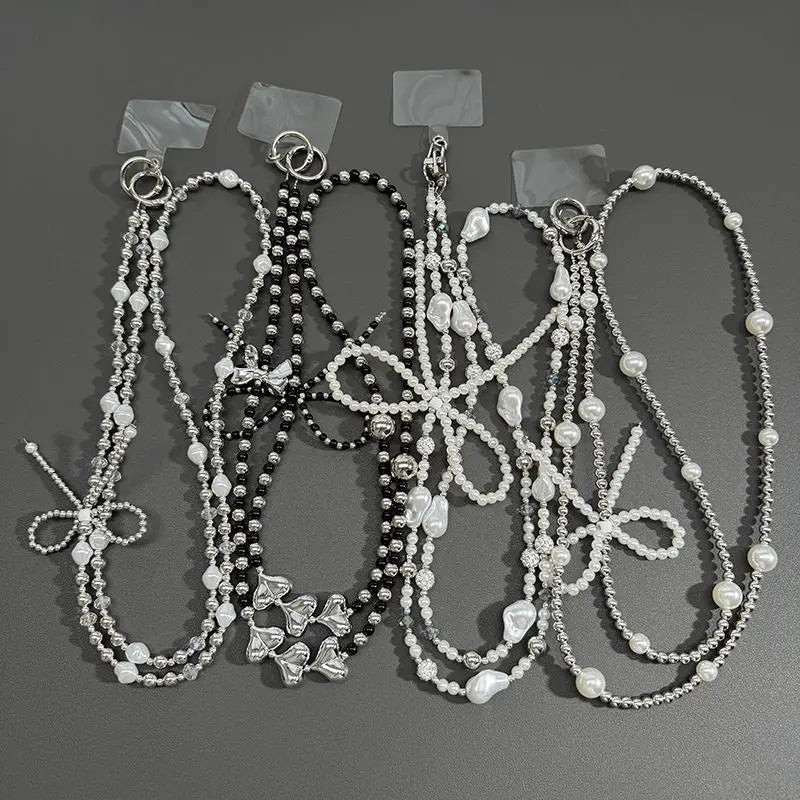 Silver Pearl Bow Long Phone Necklace Chain Crossbody Strap Beaded CCD Camera Bag Lanyard