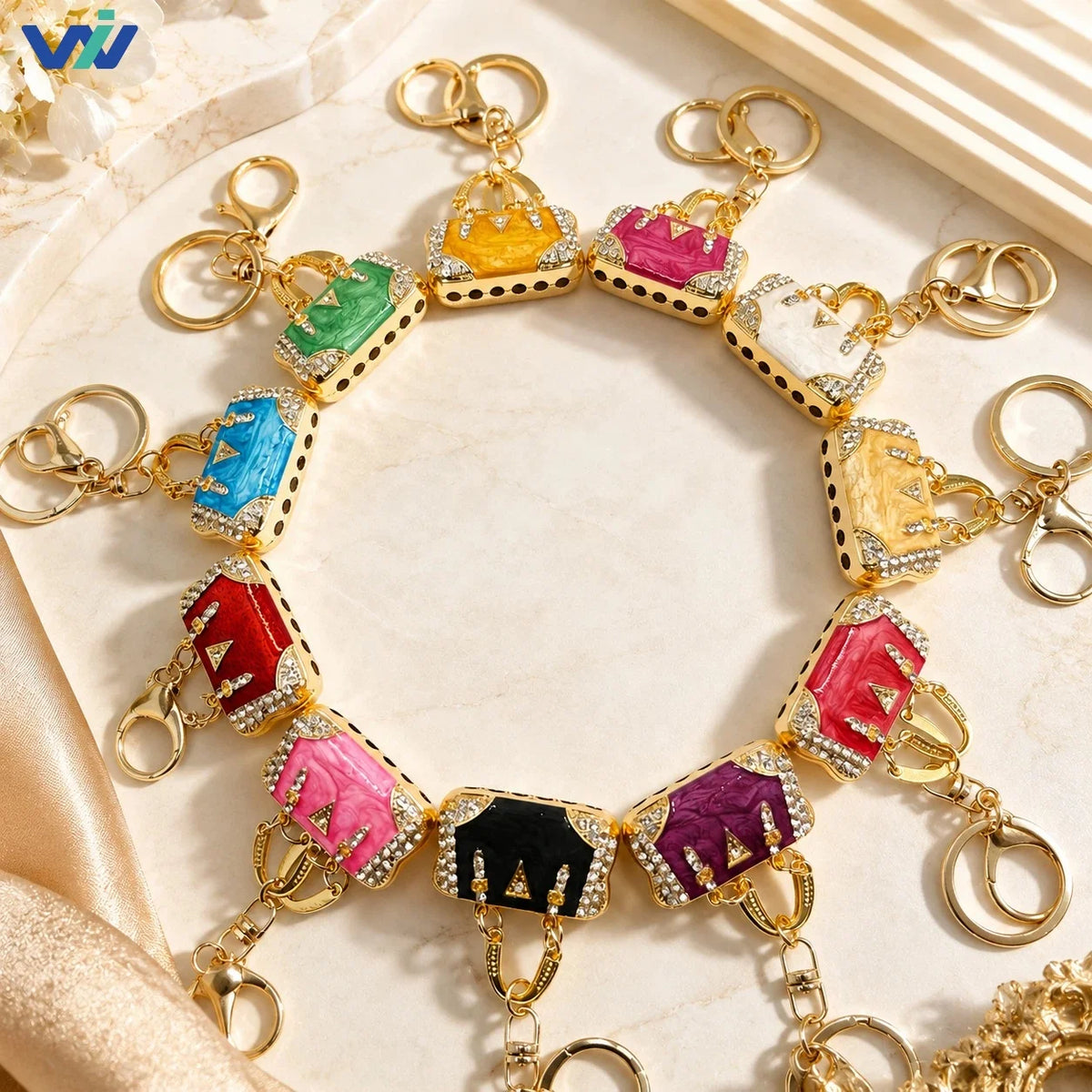 Enamel Mini Bag Keychain Charm with Rhinestones and Cloud Pattern
