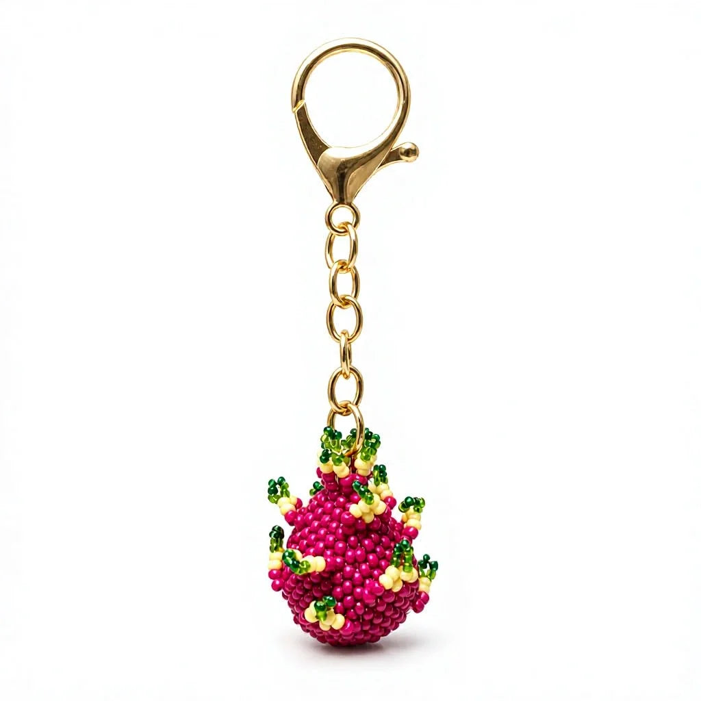 Handmade Beaded Dragon Fruit Keychain 3D Fruit Bag Charm Glass Bead Pendant Phone Chain