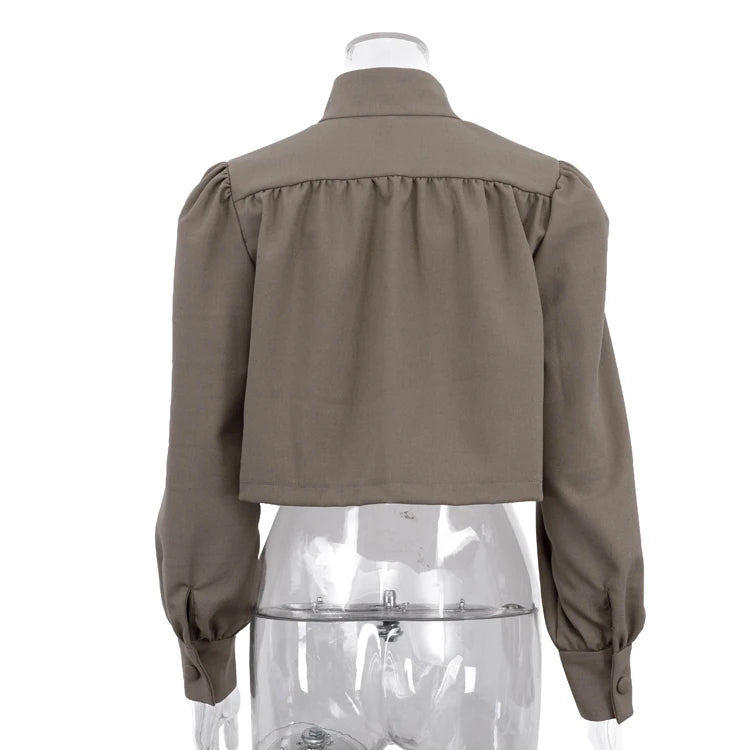 Khaki Linen-Blend Cropped Blazer Cardigan, Button-Up, S–L - image 5