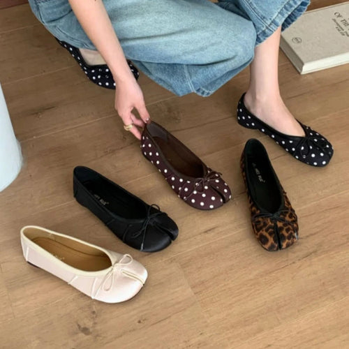Satin Square Toe Flat Shoes Ballet Flat Shoes Split Toe Butterfly Bow Rainbow Color Pearl