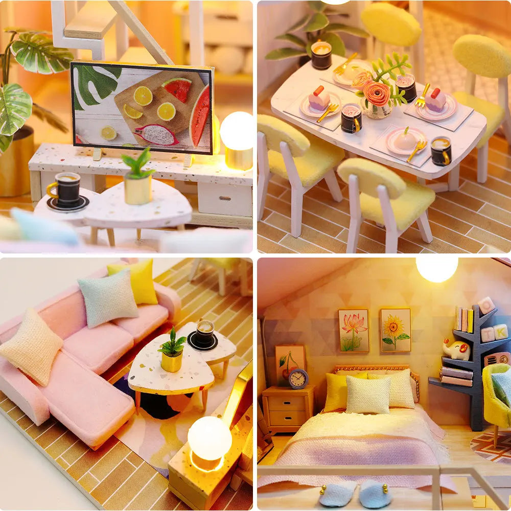 DIY Wooden Miniature House Building Kit with Doll House Furniture and Detailed Interior