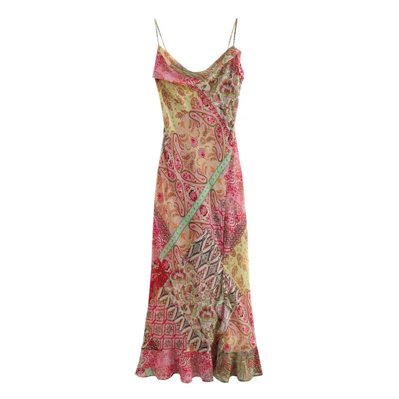 Floral Chiffon Suspender Maxi Skirt with Open Back, Resort Style