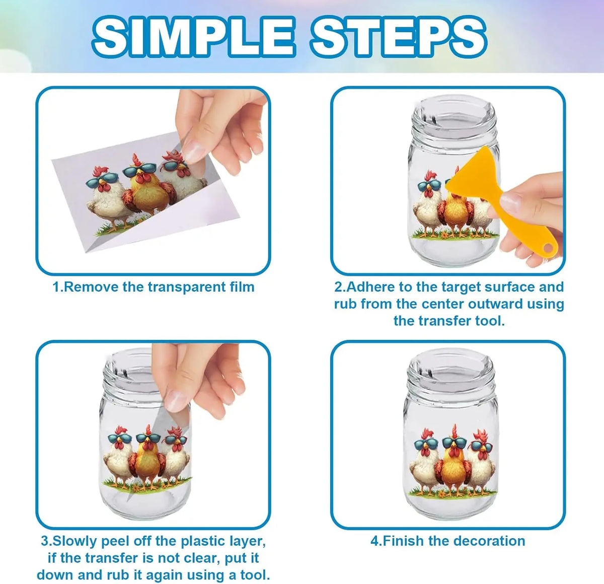 18 Sheets 3.9x3.6inch Funny Chicken Rub-On Transfers Colorful Rooster Vase Cup Wrap