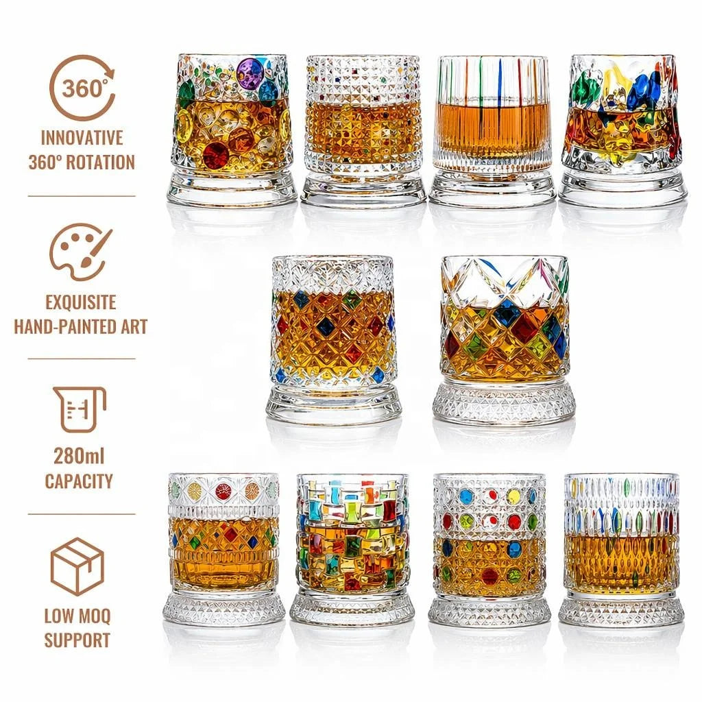 Hand-Painted Rotating Crystal Tipping Tumbler for Whiskey