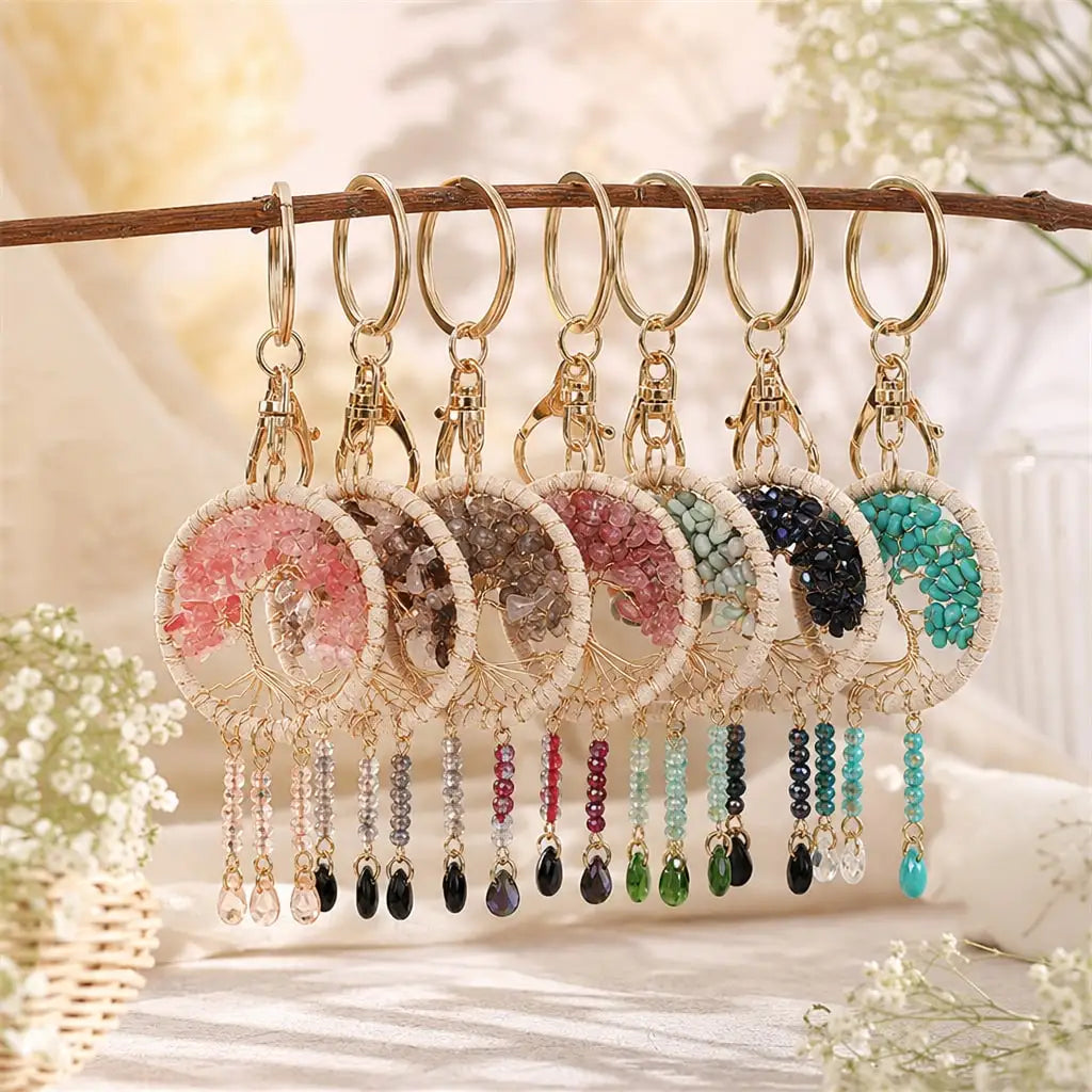 Natural Crystal Chips Tree of Life Dreamcatcher Crystal Key Chains Tassel Beaded Key Ring