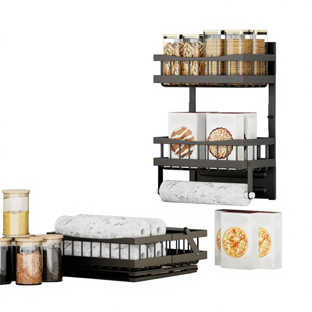 Foldable 3-Tier Magnetic Fridge Side Storage Rack, Carbon Steel