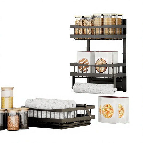 Foldable 3-Tier Magnetic Fridge Side Storage Rack, Carbon Steel