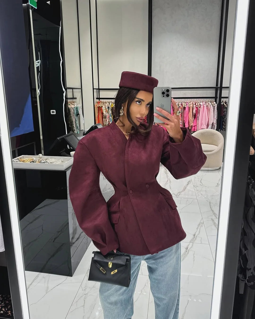 Burgundy Suede Cropped Blazer with Puff Shoulders, Double-Breasted - image 5