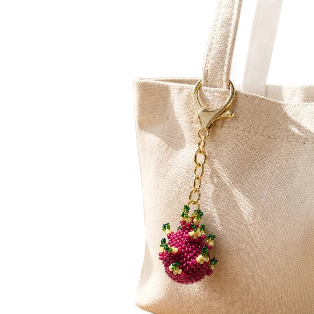 Handmade Beaded Dragon Fruit Keychain 3D Fruit Bag Charm Glass Bead Pendant Phone Chain