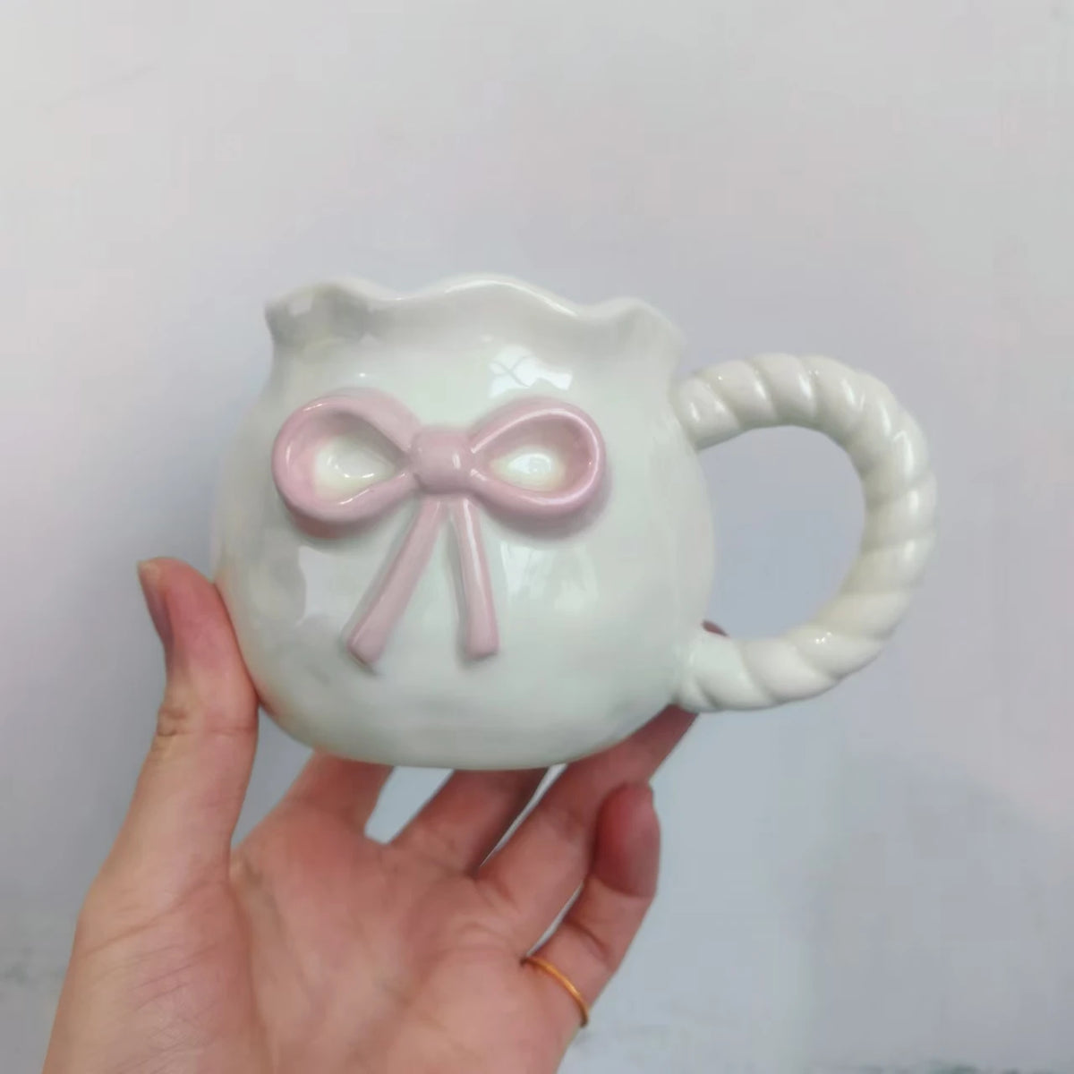 Handmade Ceramic Bow Mug with Irregular Shape, 350 ml - image 8