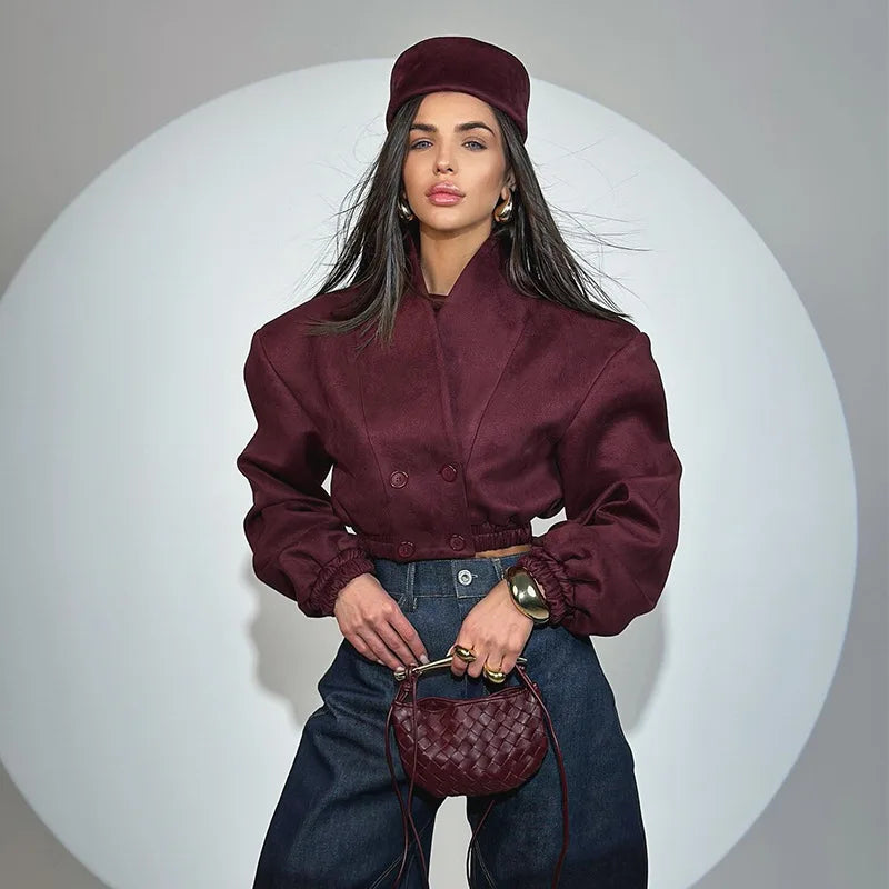 Burgundy Suede Cropped Blazer with Puff Shoulders, Double-Breasted - image 3