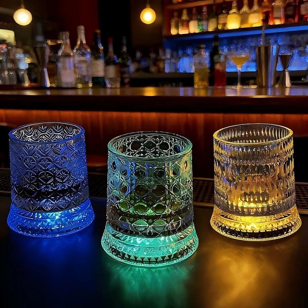 360 Degree Spinning Whiskey Glass with Colorful LED Light Up Base for KTV Bar Home Decor