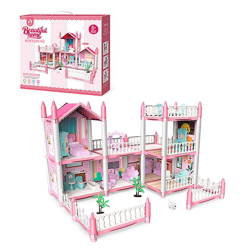 Big Plastic DIY Rattan Baby Doll House Kits Miniature Furniture Kitchen Price Toys Villa