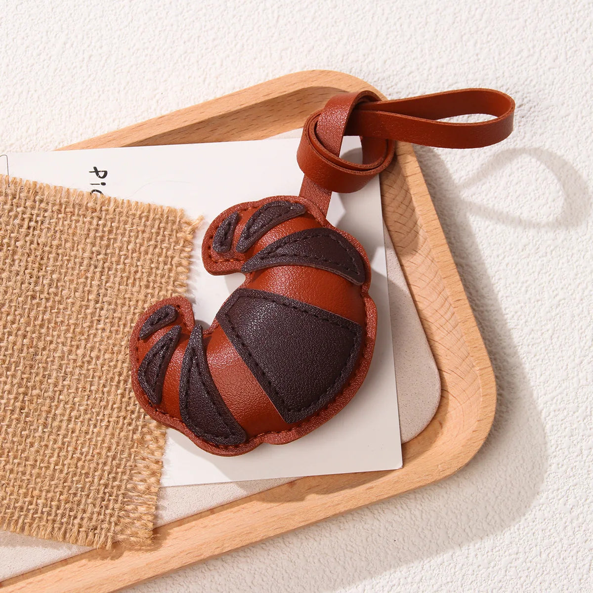 Hand-Stitched PU Leather Croissant Keychain and Bag Charm - image 10