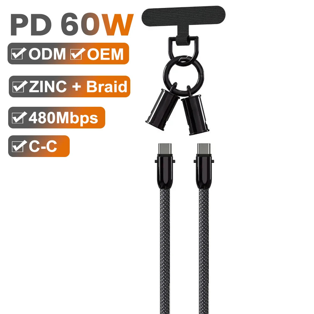 Phone Lanyard with Built-In USB-C Charging Cable, 0.3 m or 1.2 m