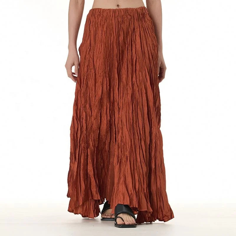 Elegant Drape Crumpled Breathable Acetate Fibre Women Summer Elastic Waist Big-Hem Long