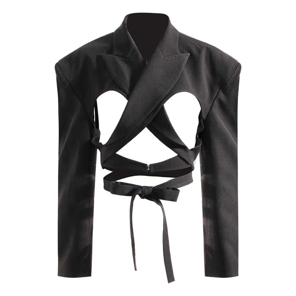 Unique Fashion Sexy Long Sleeve Irregular Hollow Out Tie Up Short Crop Jacket Blazer Suit