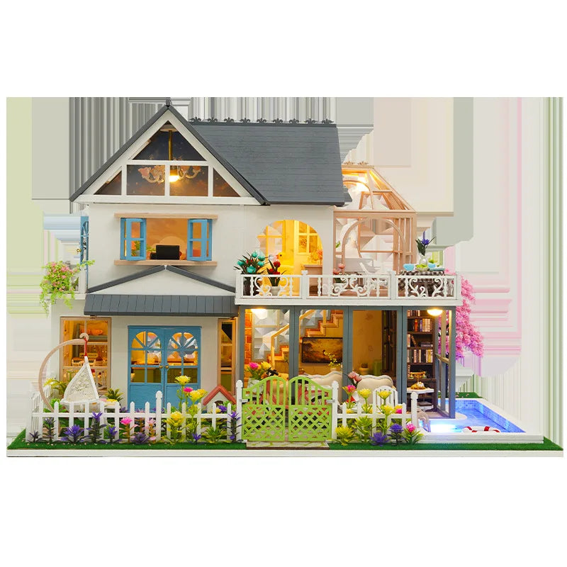 DIY Wooden Miniature Cottage Kit with LED Lights and Pool, 1:48 Scale - image 5
