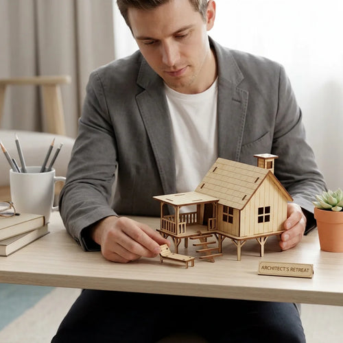 Wooden DIY House Model Craft Kit with Porch and Stairs for Desk Decoration