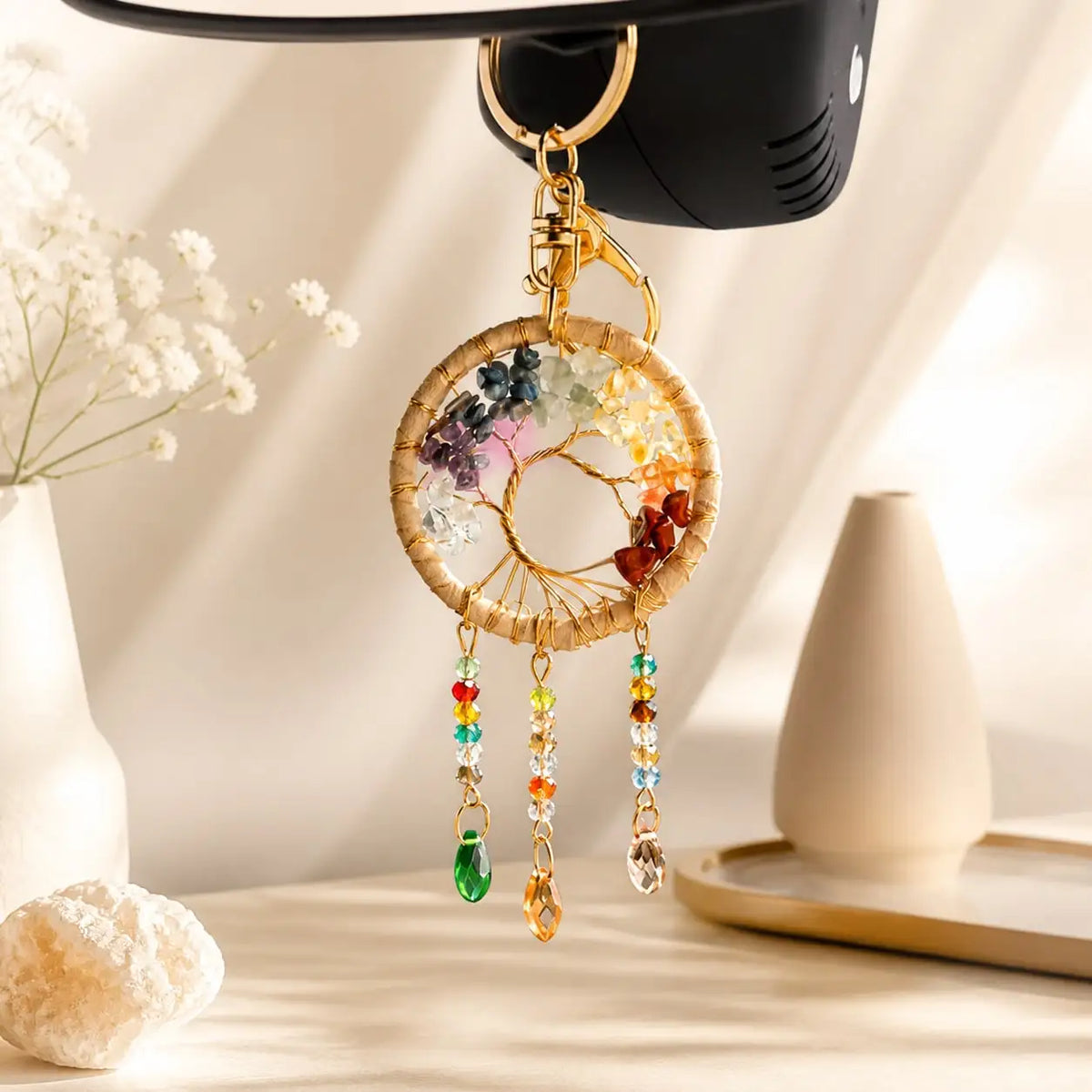 Natural Crystal Chips Tree of Life Dreamcatcher Crystal Key Chains Tassel Beaded Key Ring