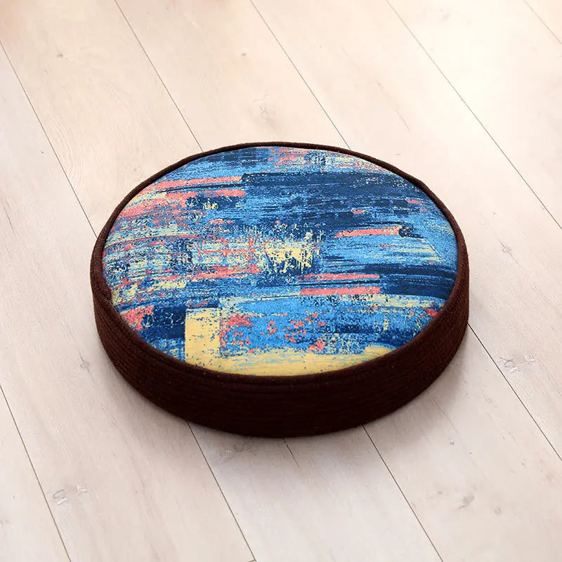 Round Japanese Tatami Floor Cushion, Hand-Woven Cotton, 10 cm Thick
