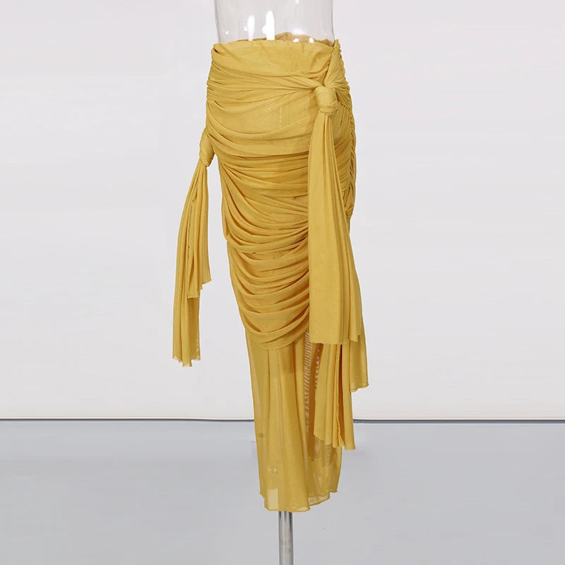 Mustard Yellow Ruched Mesh Midi Skirt with Tie Detail, Layered - image 2