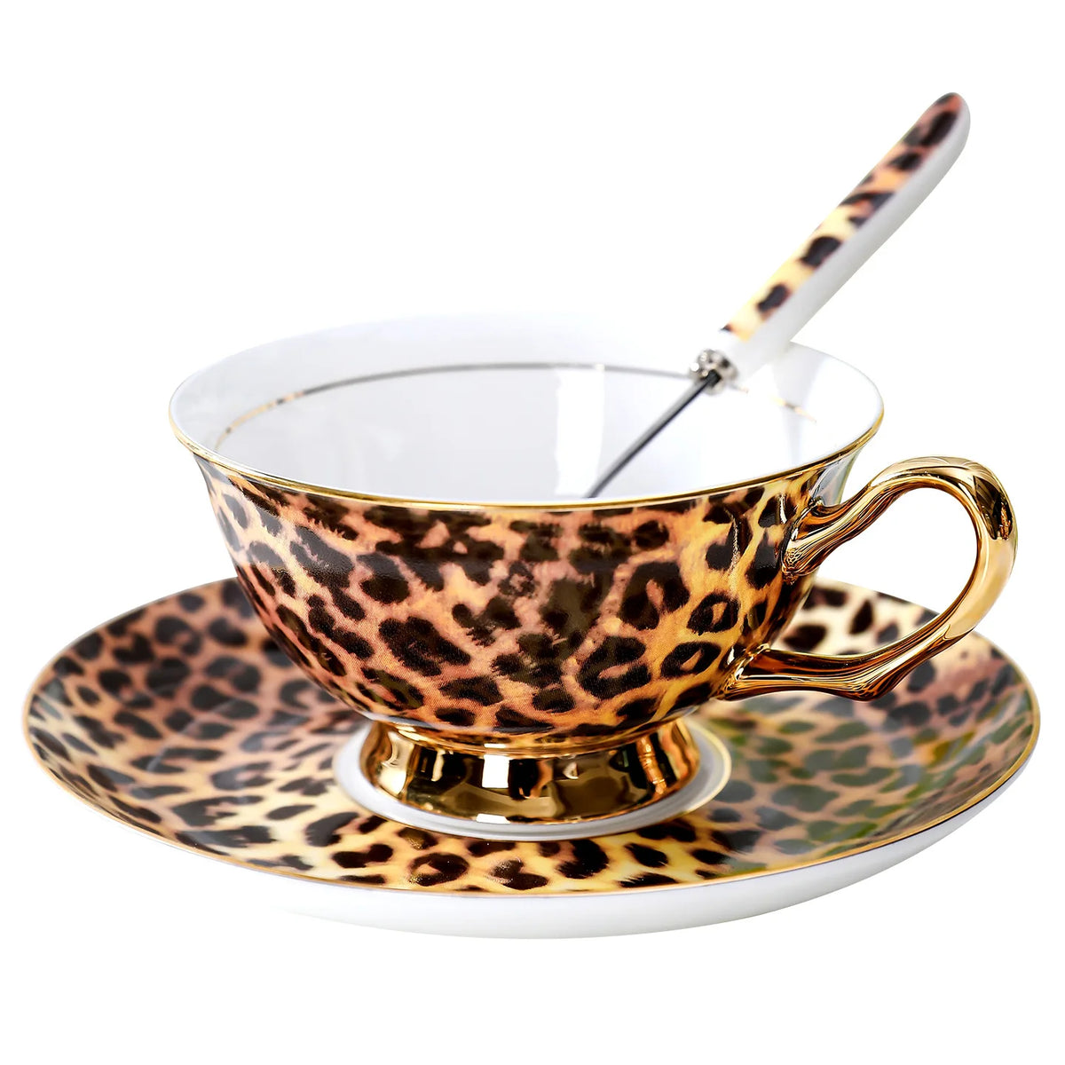 Leopard Print Bone China Coffee Cup and Saucer Gift Set with Spoons - image 5