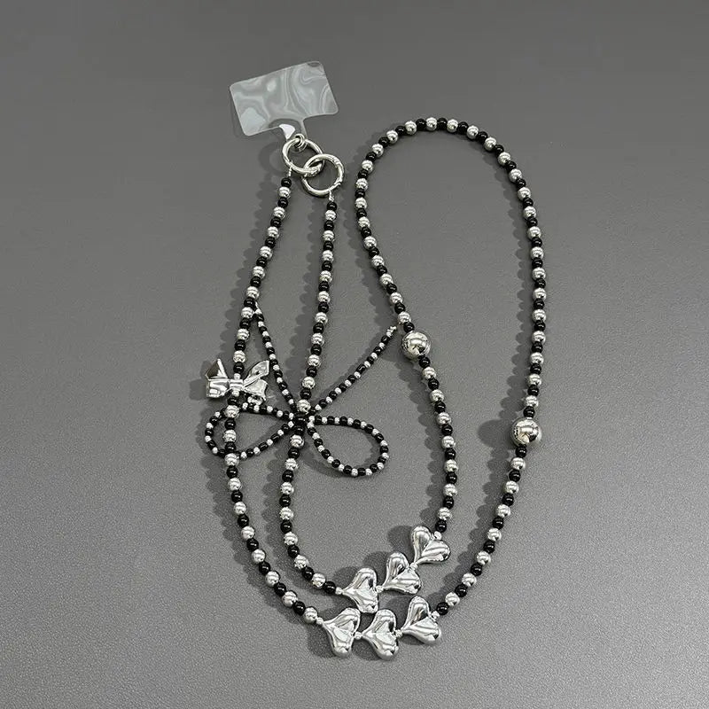 Handmade Silver Pearl Bow Phone Necklace Chain, Crossbody Strap