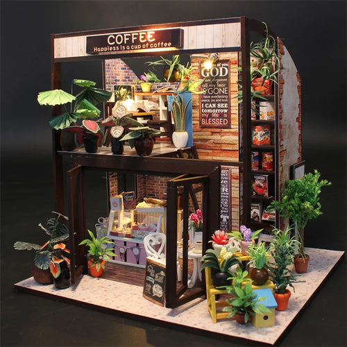M027 Coffee House Mini Doll House Wooden Doll House DIY Miniature DollHouse Kit for Girls