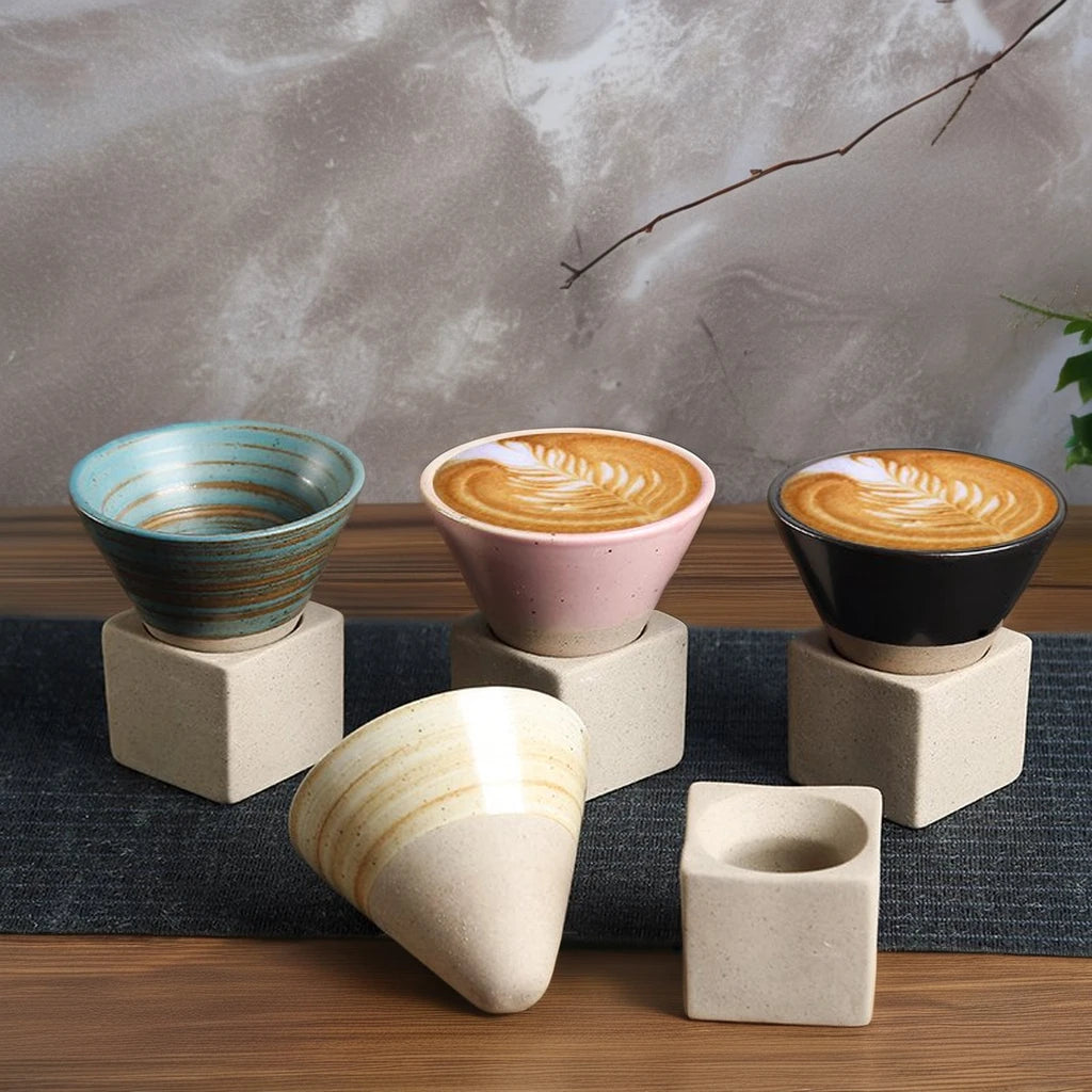 80 ml Retro Stoneware Espresso Cup with Base, Japandi Glaze